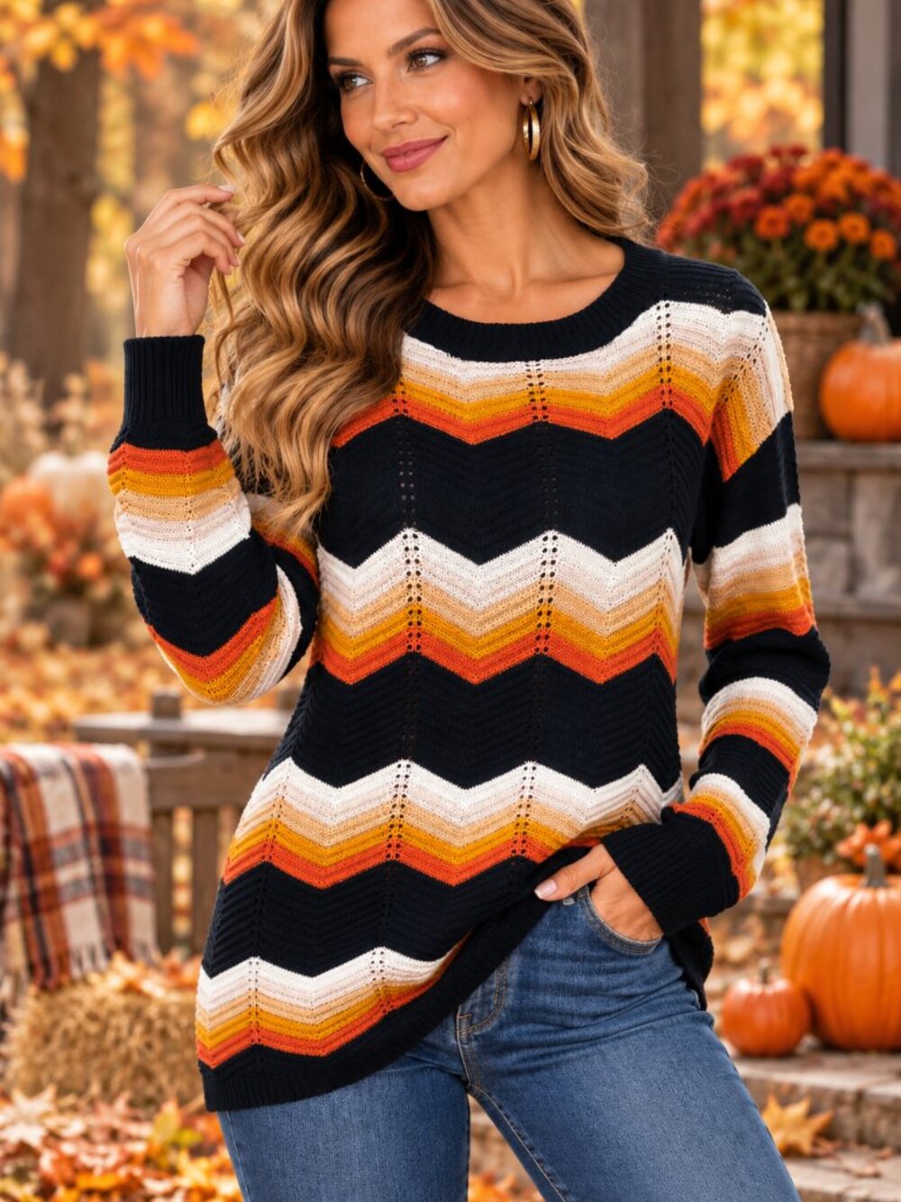 FCT With Love L Black Rust Cream Chevron Pointelle Knit Sweater Retro Boho Fall